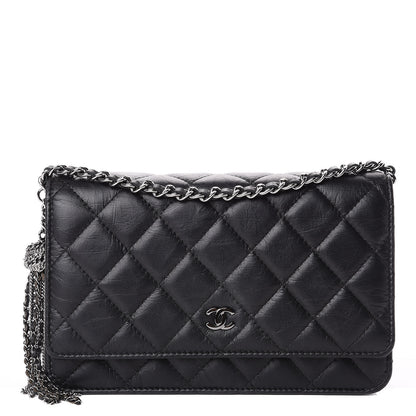 Chanel Aged Calfskin Quilted Tassel Wallet On Chain WOC Black 2 of 10