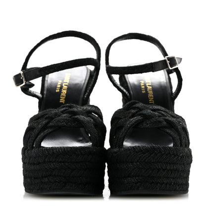 Saint Laurent Raffia Calfskin Platform Espadrille Wedge Sandals 35 Black 3 of 9
