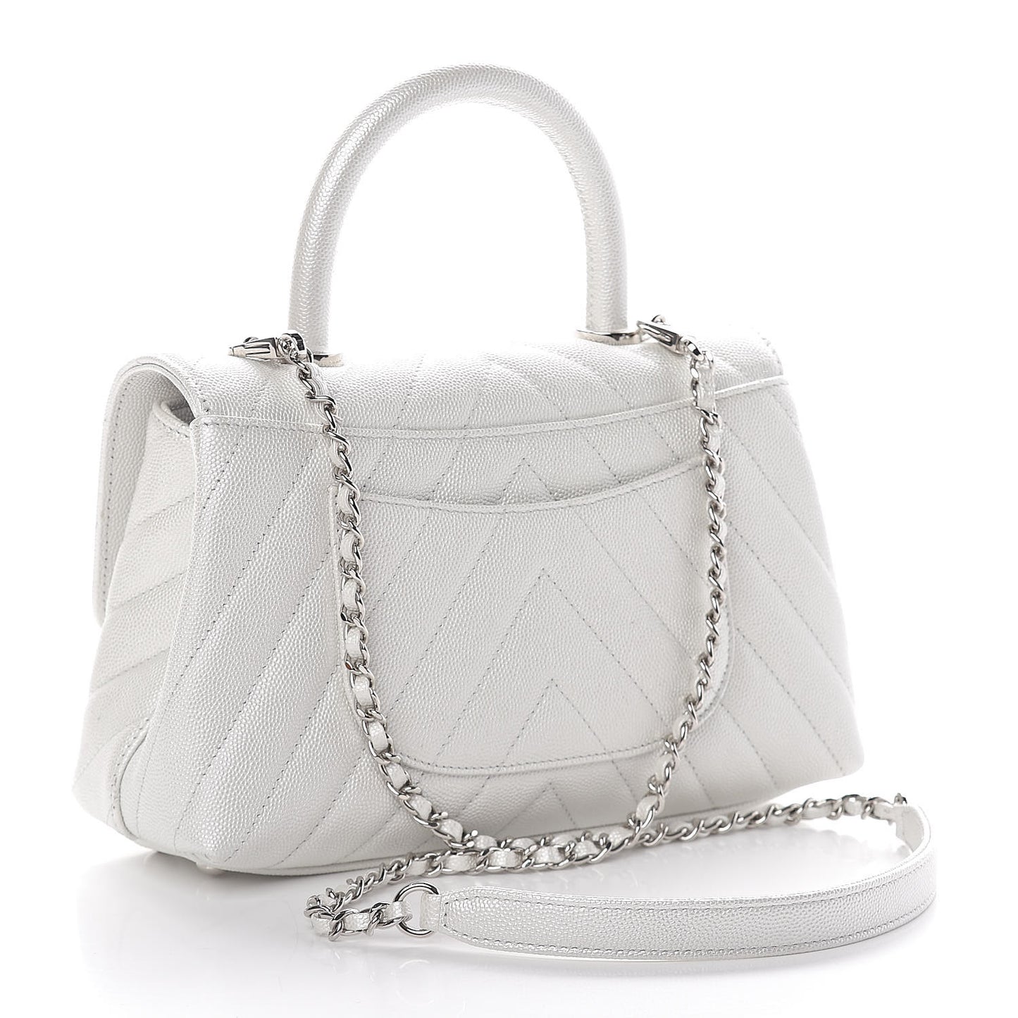 Iridescent Caviar Chevron Quilted Mini Coco Handle Flap White