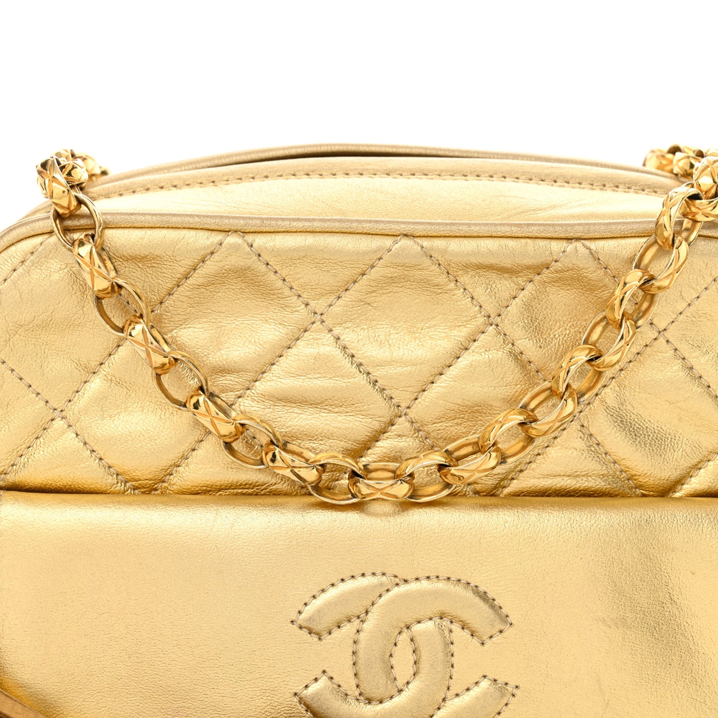 Metallic Lambskin Quilted Camera Case Gold