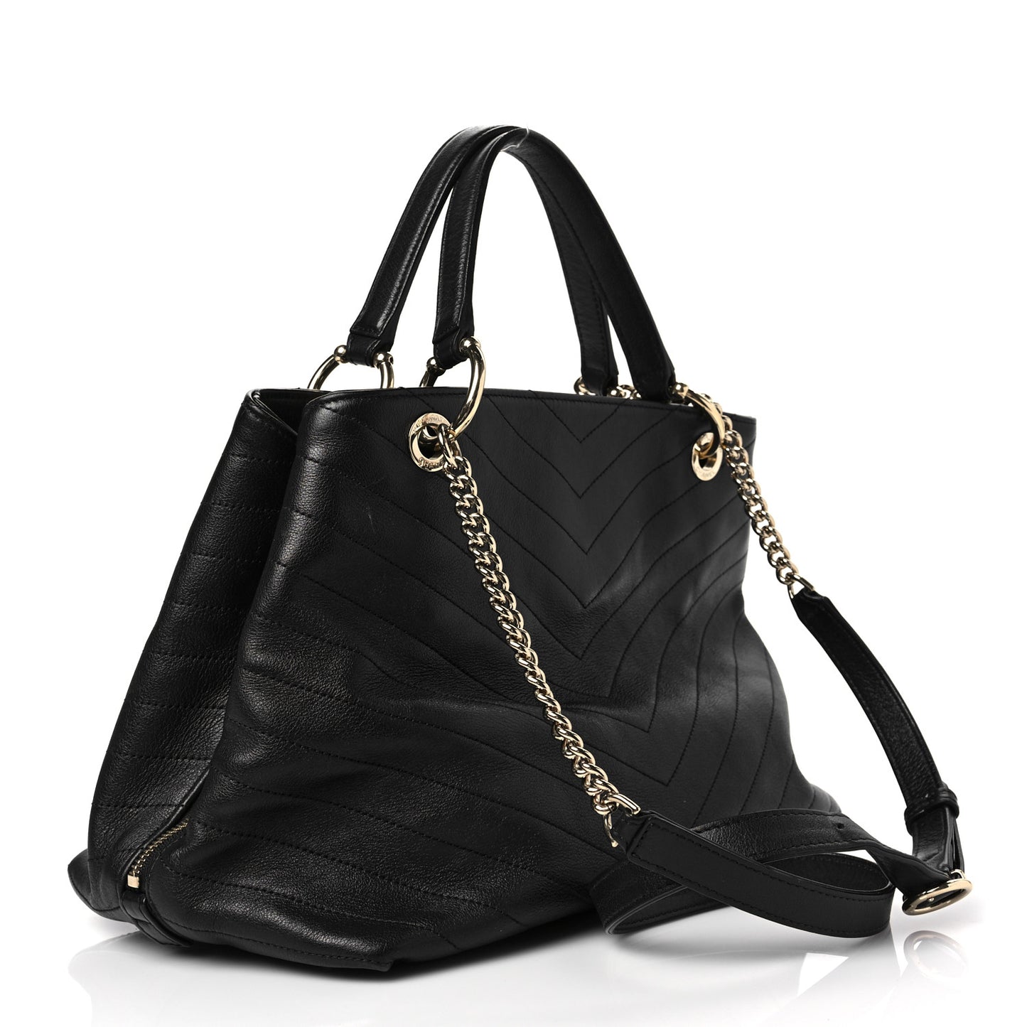 Calfskin Stitched Large Chevron Chic Shopping Bag Black