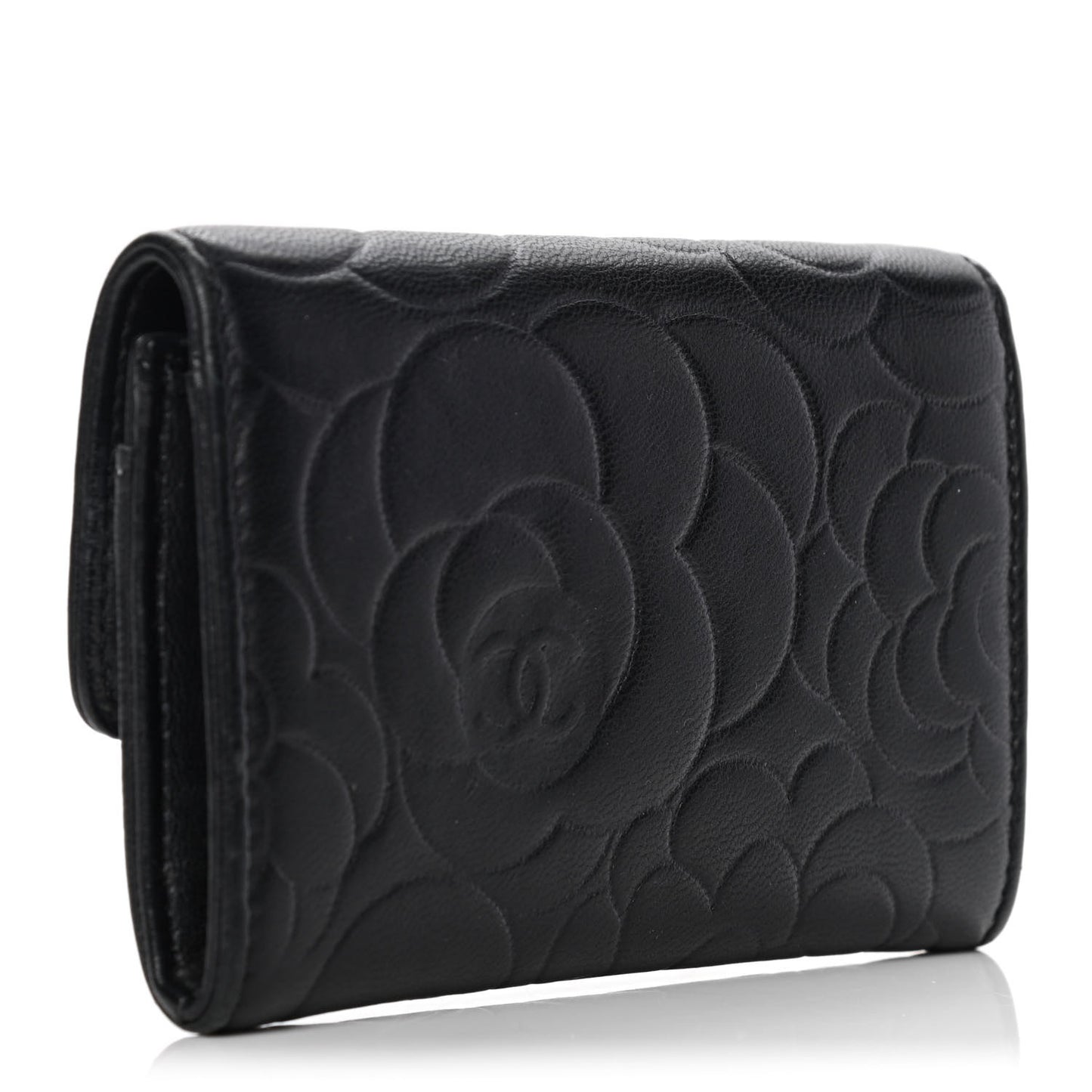 Lambskin Camellia Embossed Flap Card Holder Black