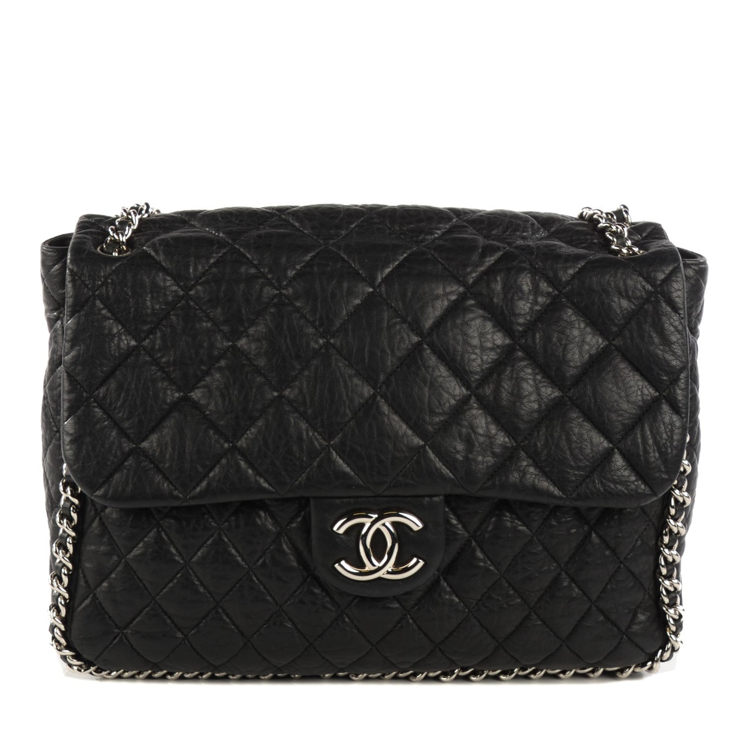 Washed Lambskin Quilted Maxi Chain Around Flap Black
