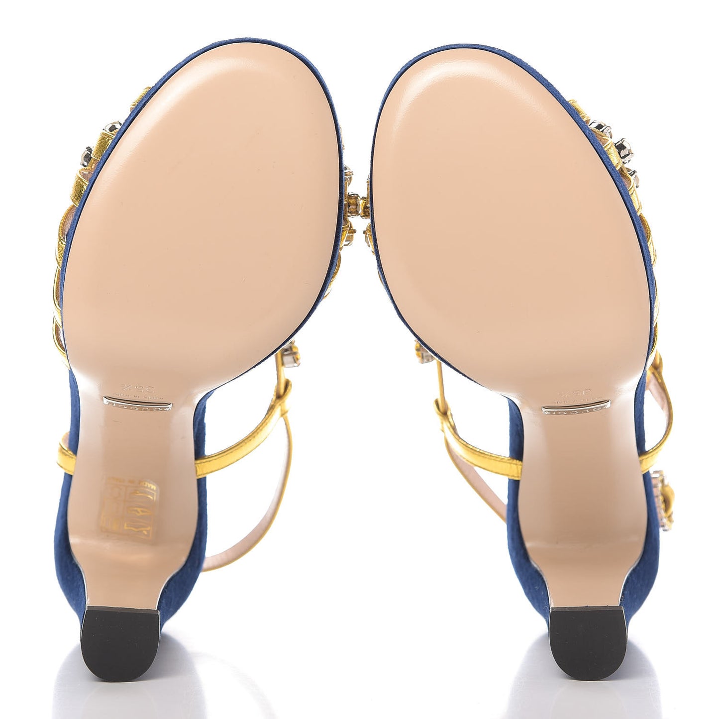 Velvet Nappa Crystal Zephyra Slingback Platform High Heel Sandals 35.5 Blue Gold