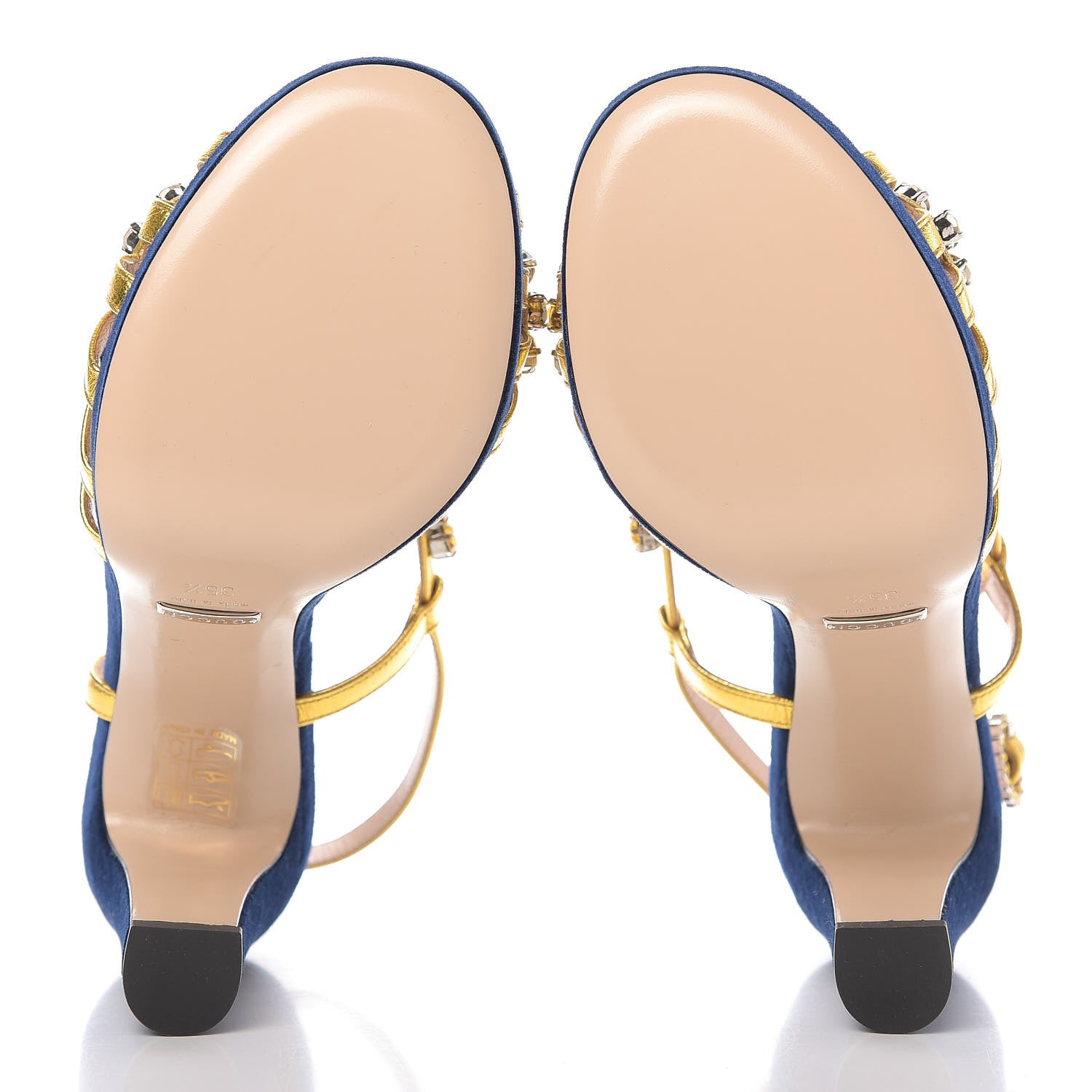 Gucci Velvet Nappa Crystal Zephyra Slingback Platform High Heel Sandals 35.5 Blue Gold 7 of 10