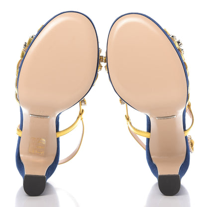 Gucci Velvet Nappa Crystal Zephyra Slingback Platform High Heel Sandals 35.5 Blue Gold 7 of 10