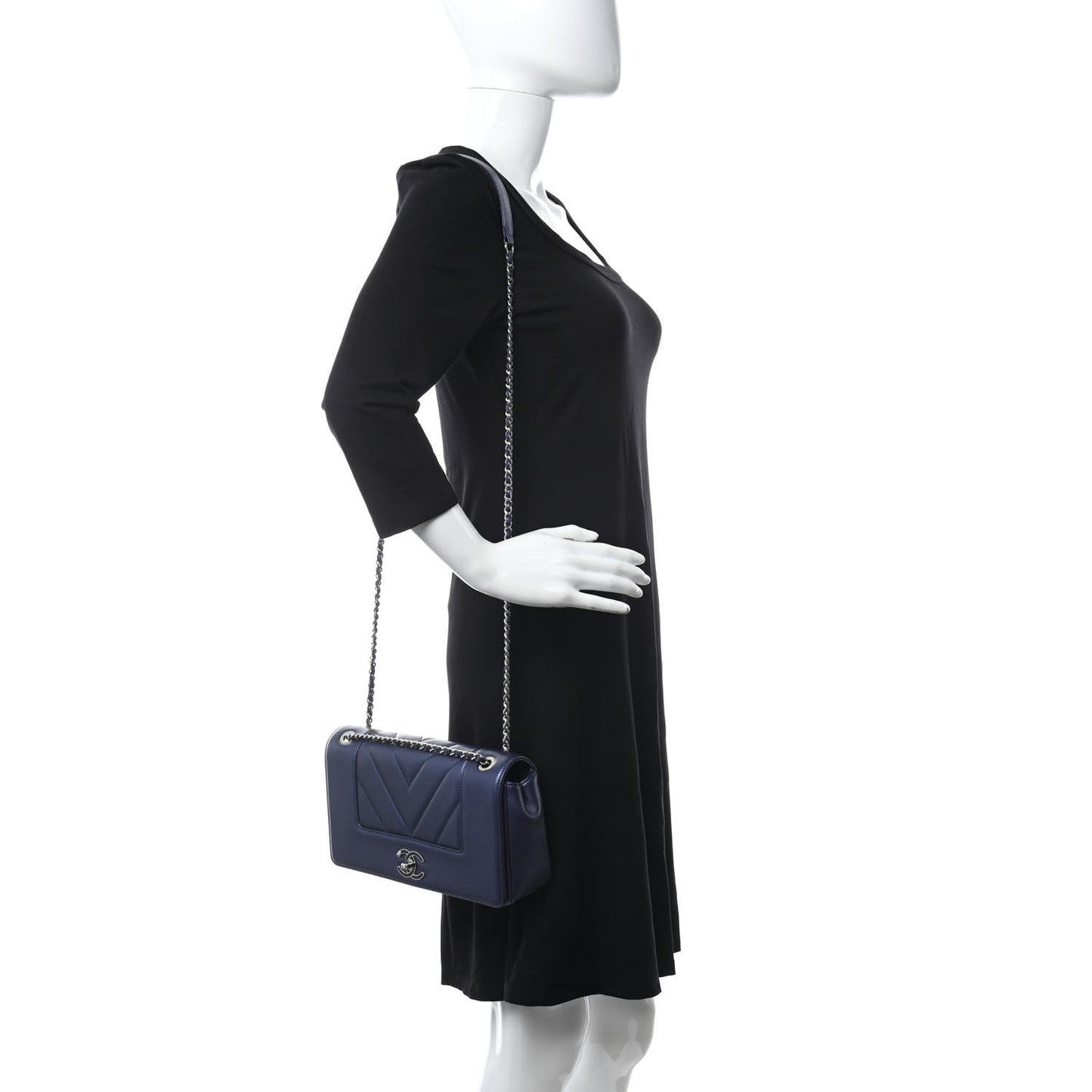 Metallic Sheepskin Chevron Quilted Medium Vintage Mademoiselle Flap Navy