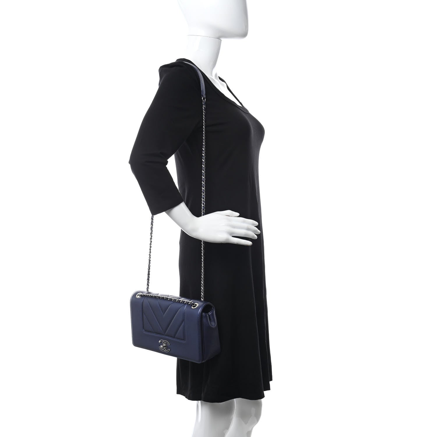 Chanel Metallic Sheepskin Chevron Quilted Medium Vintage Mademoiselle Flap Navy 2 of 11