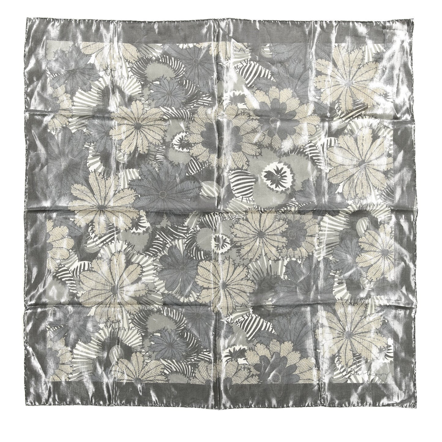 Silk Floral Print Metallic Square Scarf Grey