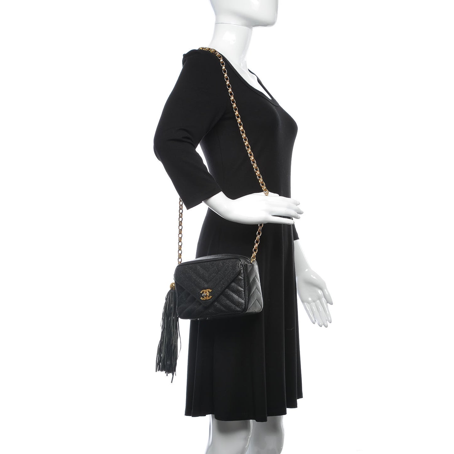 Caviar Chevron Quilted Tassel Camera Case Black