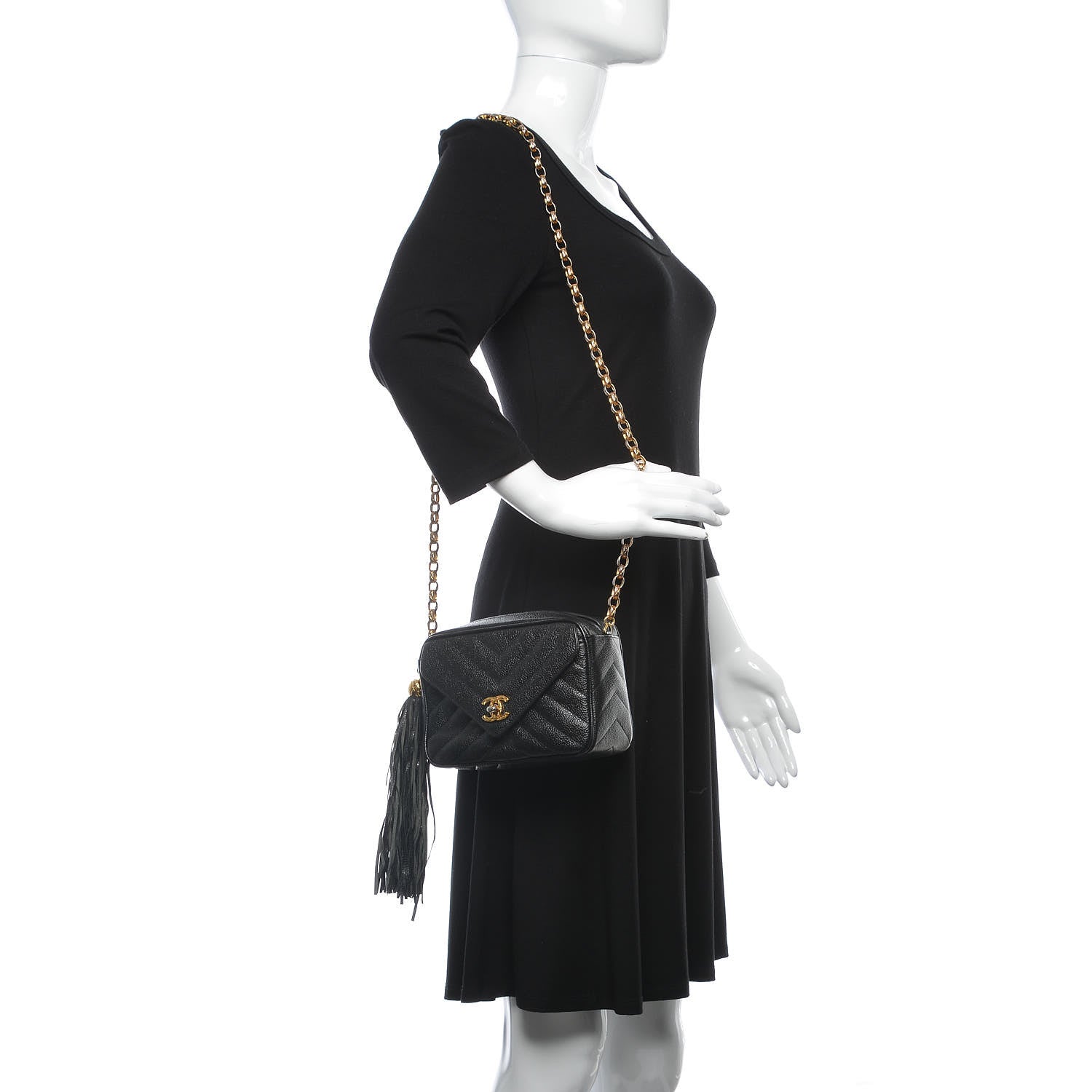 Chanel Caviar Chevron Quilted Tassel Camera Case Black 2 of 10