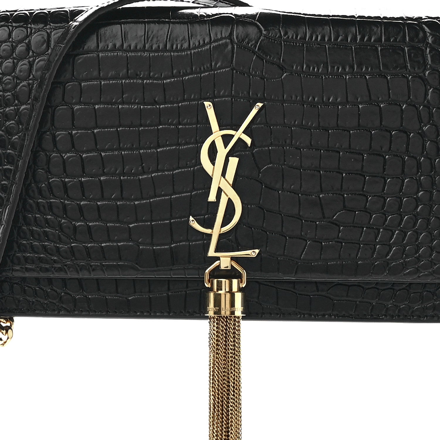 Saint Laurent Calfskin Crocodile Embossed Kate Monogram Tassel Chain Wallet Black 6 of 9