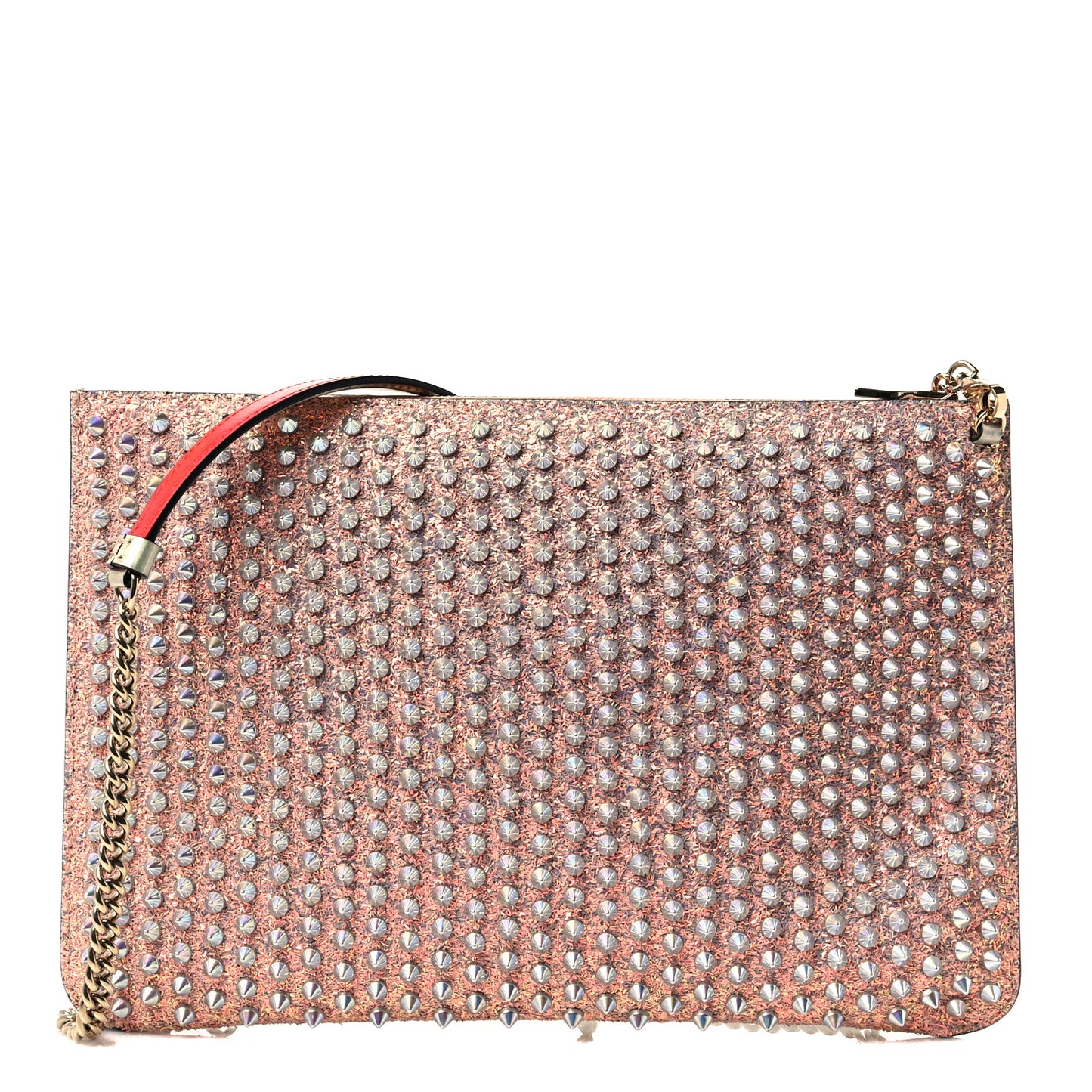 Metallic Calfskin Glitter Quadro Spikes Loubiclutch Rosegold