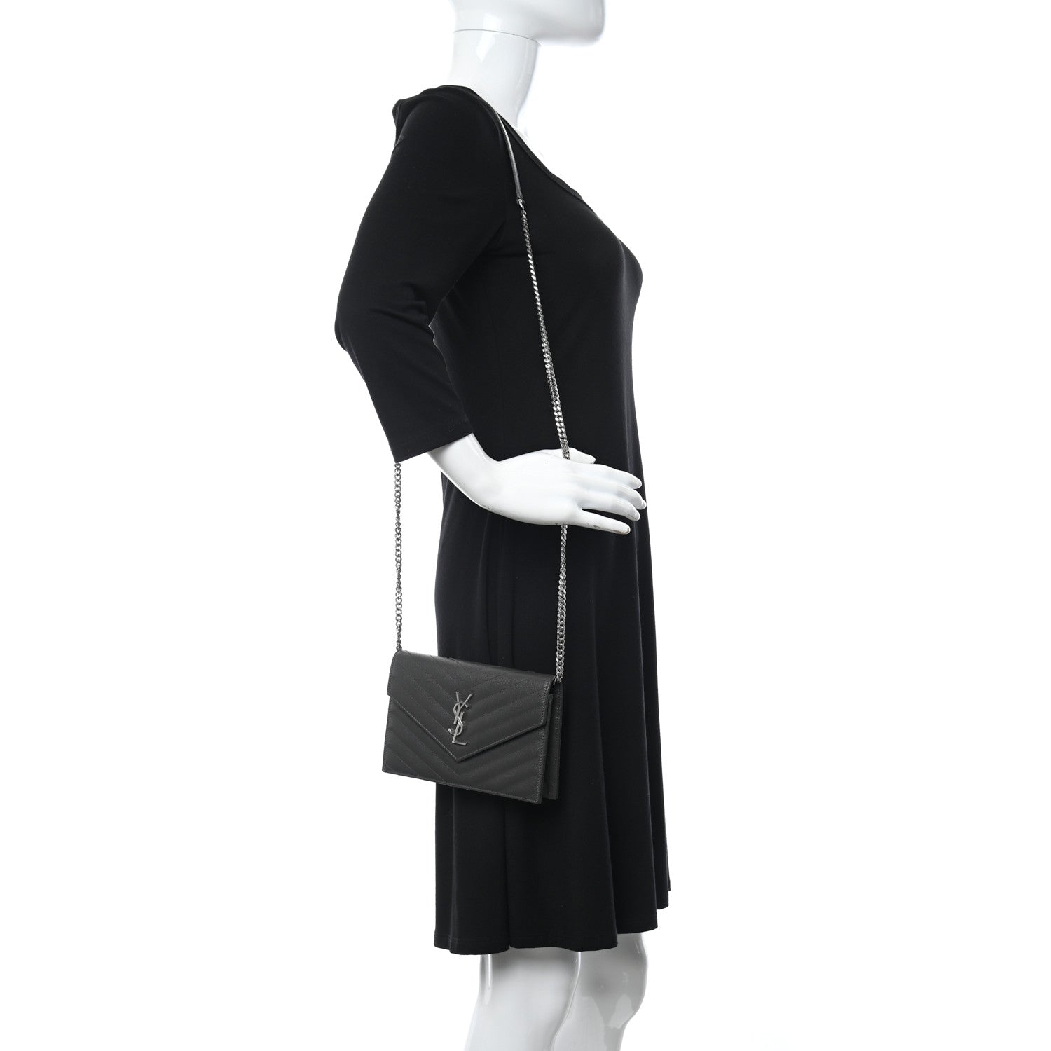 Saint Laurent Grain De Poudre Matelasse Chevron Monogram Envelope Chain Wallet Dark Smog 2 of 11
