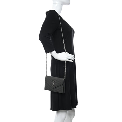 Saint Laurent Grain De Poudre Matelasse Chevron Monogram Envelope Chain Wallet Dark Smog 2 of 11