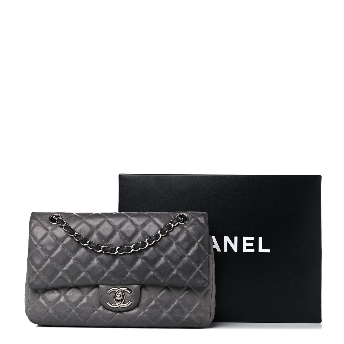 Lambskin Quilted Medium Double Flap Dark Grey
