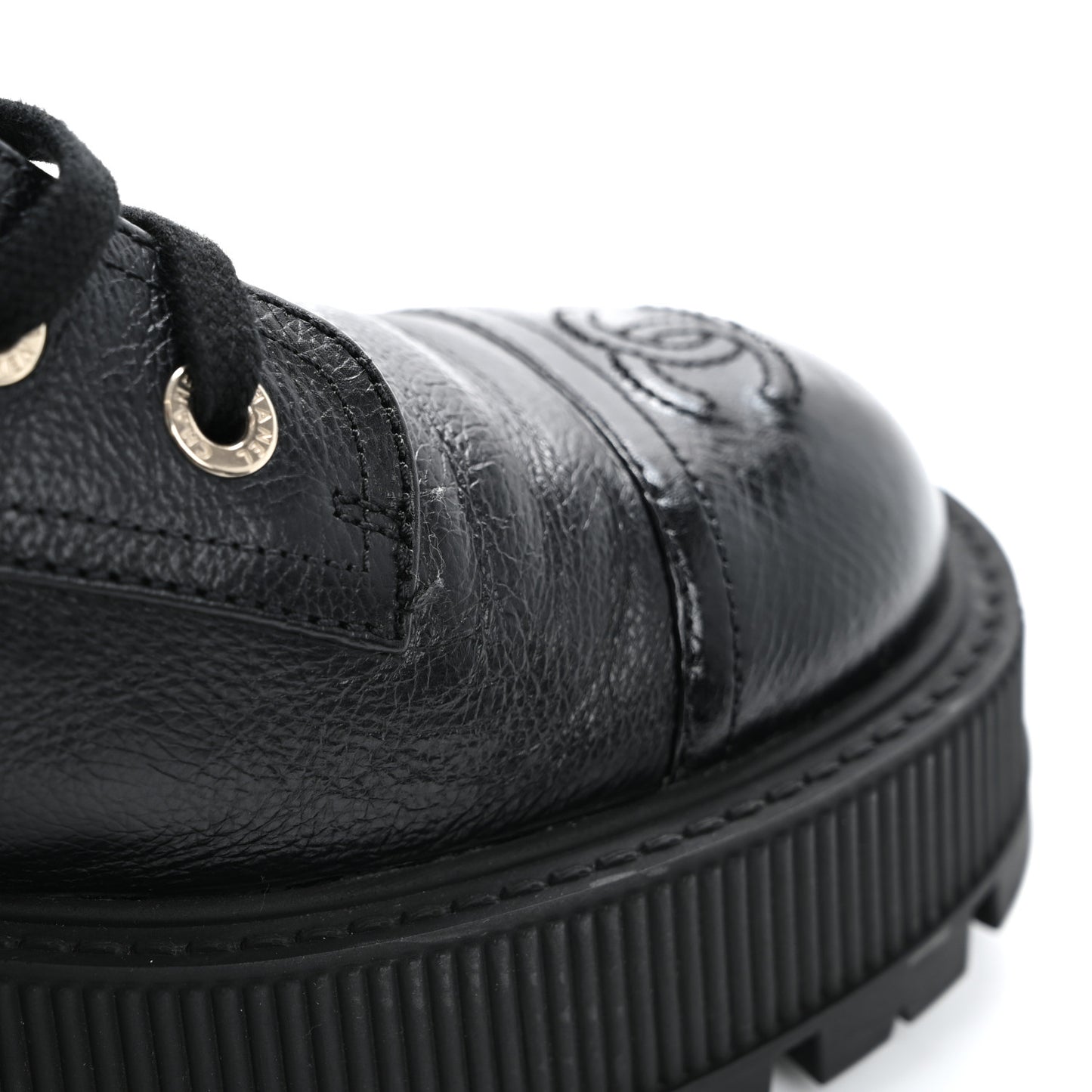 Grained Calfskin Shiny Calfskin CC Lace Up Combat Boots 40 Black