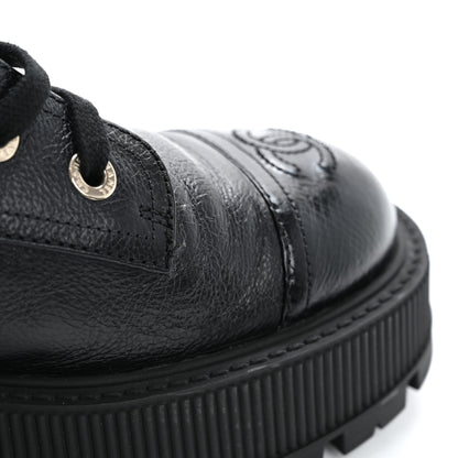 Chanel Grained Calfskin Shiny Calfskin CC Lace Up Combat Boots 40 Black 13 of 14