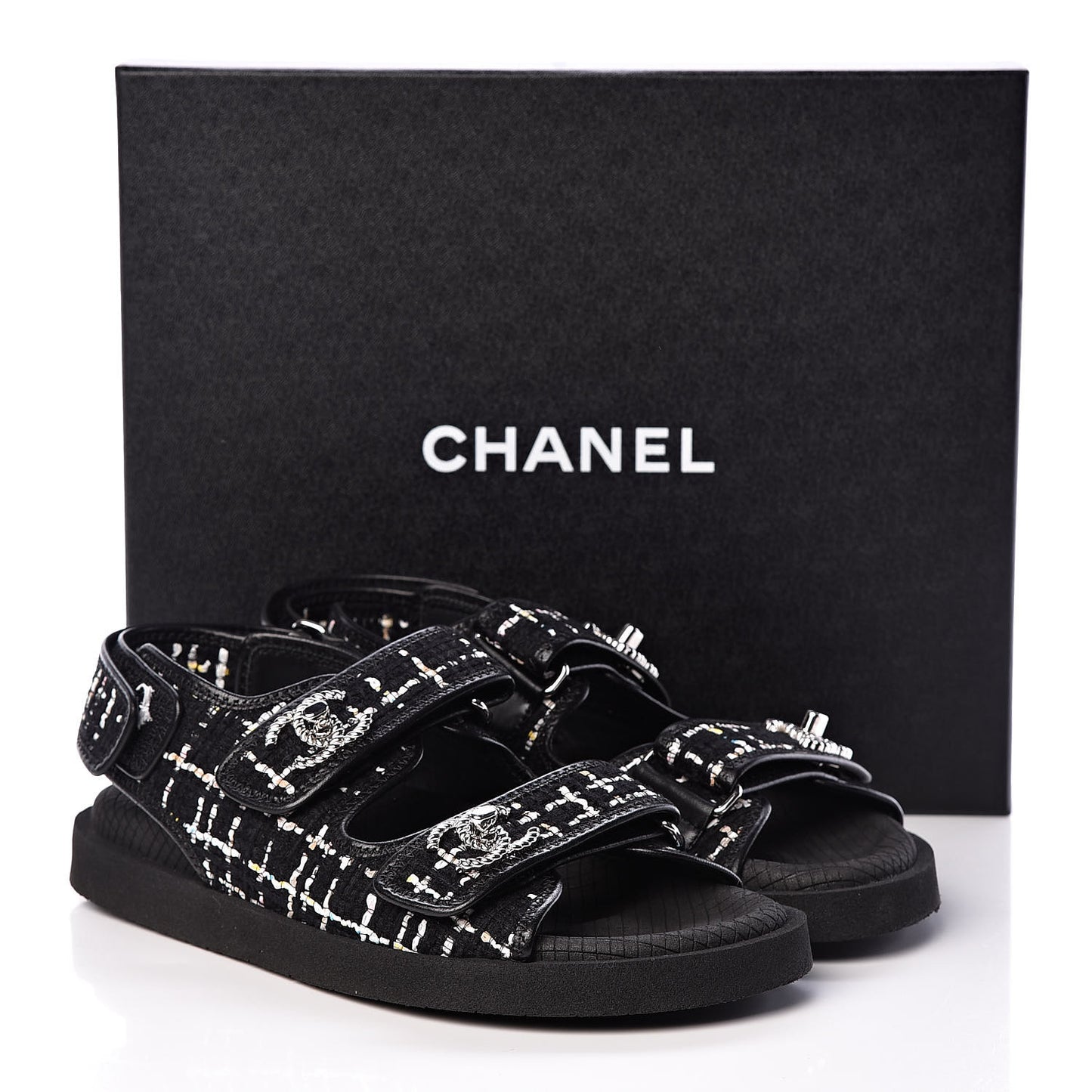 Tweed Lambskin Sandals 37 Black Multicolor