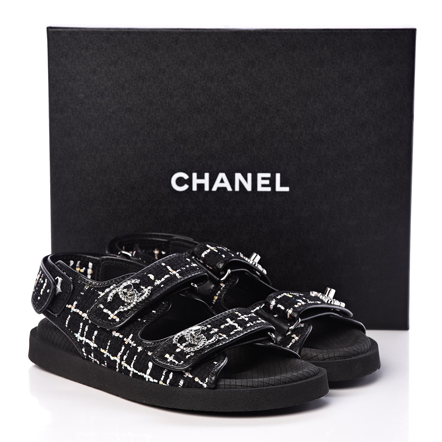 Chanel Tweed Lambskin Sandals 37 Black Multicolor 8 of 8