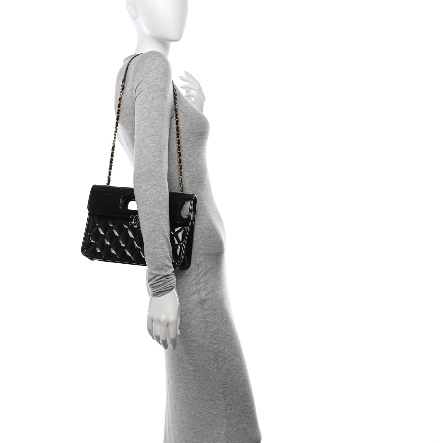 Patent Quilted Graphic Catch Flap Black