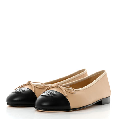 Chanel Lambskin Cap Toe CC Ballerina Flats 36 Beige Black 3 of 9