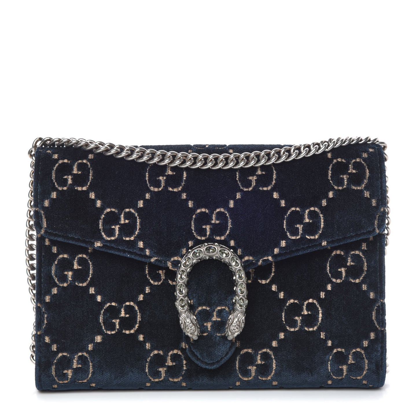 Velvet Crystal GG Monogram Mini Dionysus Chain Wallet Blue Beige Black