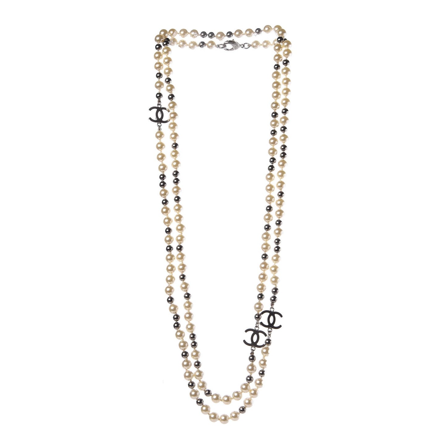 Pearl Bead CC Long Necklace Silver