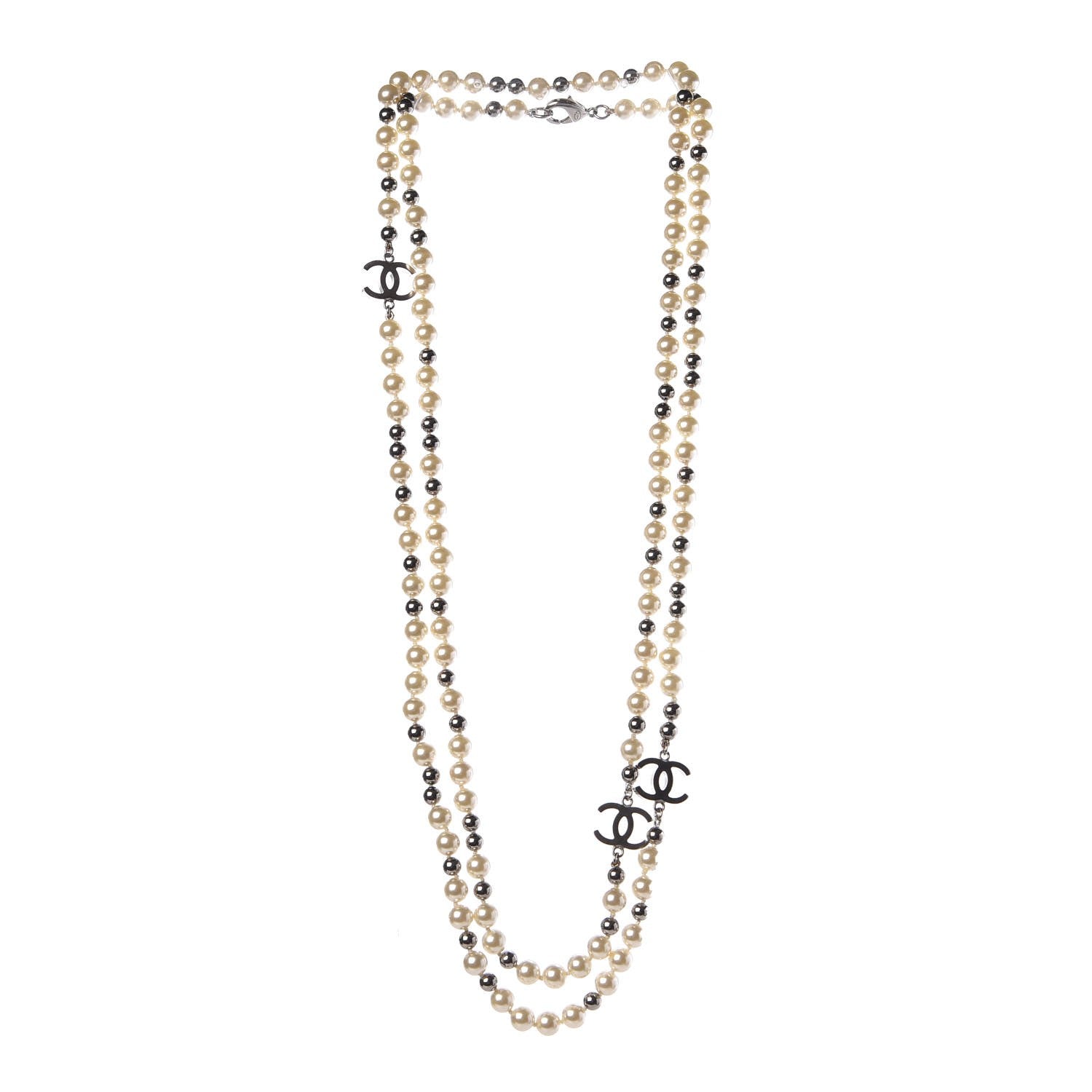 Chanel Pearl Bead CC Long Necklace Silver 4 of 7