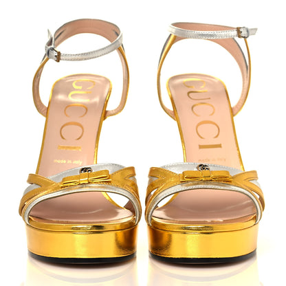 Gucci Metallic Nappa GG Bow Ankle Strap Platform Sandals 40 Gold Silver 2 of 7