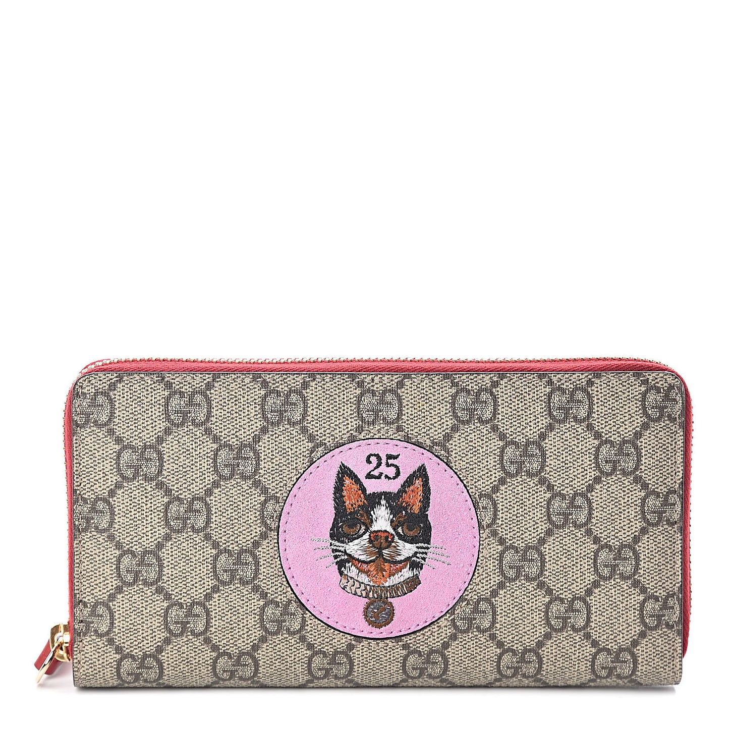 GG Supreme Monogram Bosco Patch Zip Around Wallet Beige Malva Hibiscus Red