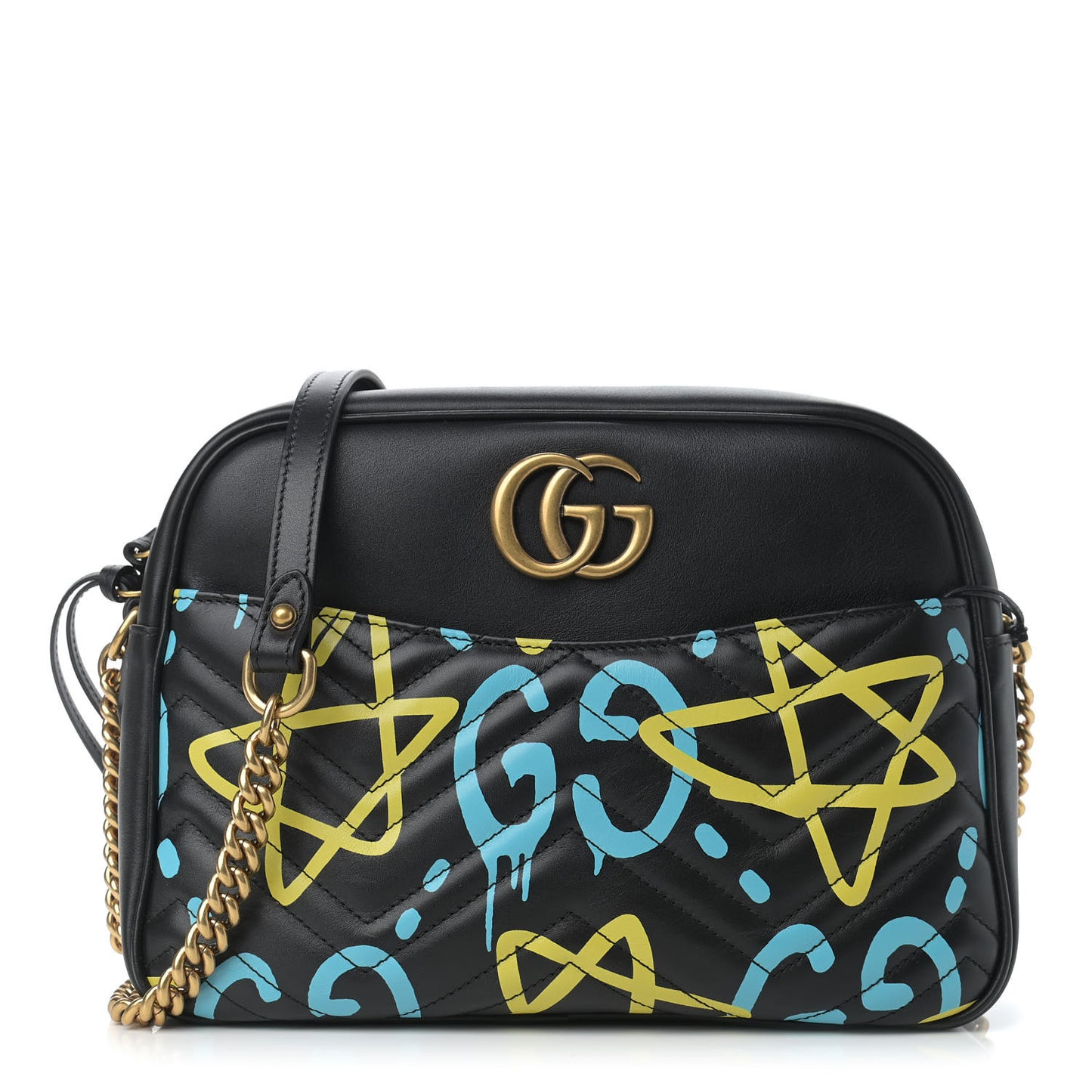 Calfskin Matelasse GucciGhost Medium GG Marmont Chain Shoulder Bag Black New Acquamarine