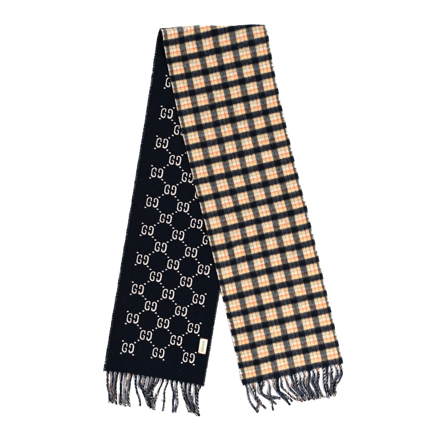 Gucci Wool GG Monogram Plaid Rise Reversible Fringe Scarf Midnight Blue Cream 2 of 4