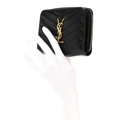 Saint Laurent Grain De Poudre Matelasse Chevron Monogram Compact Zip Around Wallet Black 2 of 8
