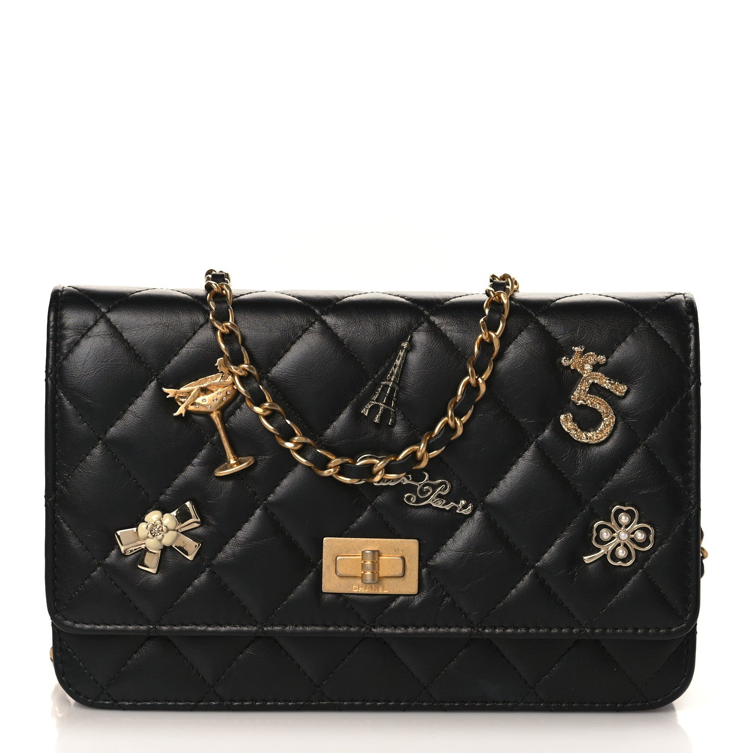 Chanel Aged Calfskin Quilted Lucky Charms 2.55 Reissue Wallet On Chain WOC Black 1 of 9