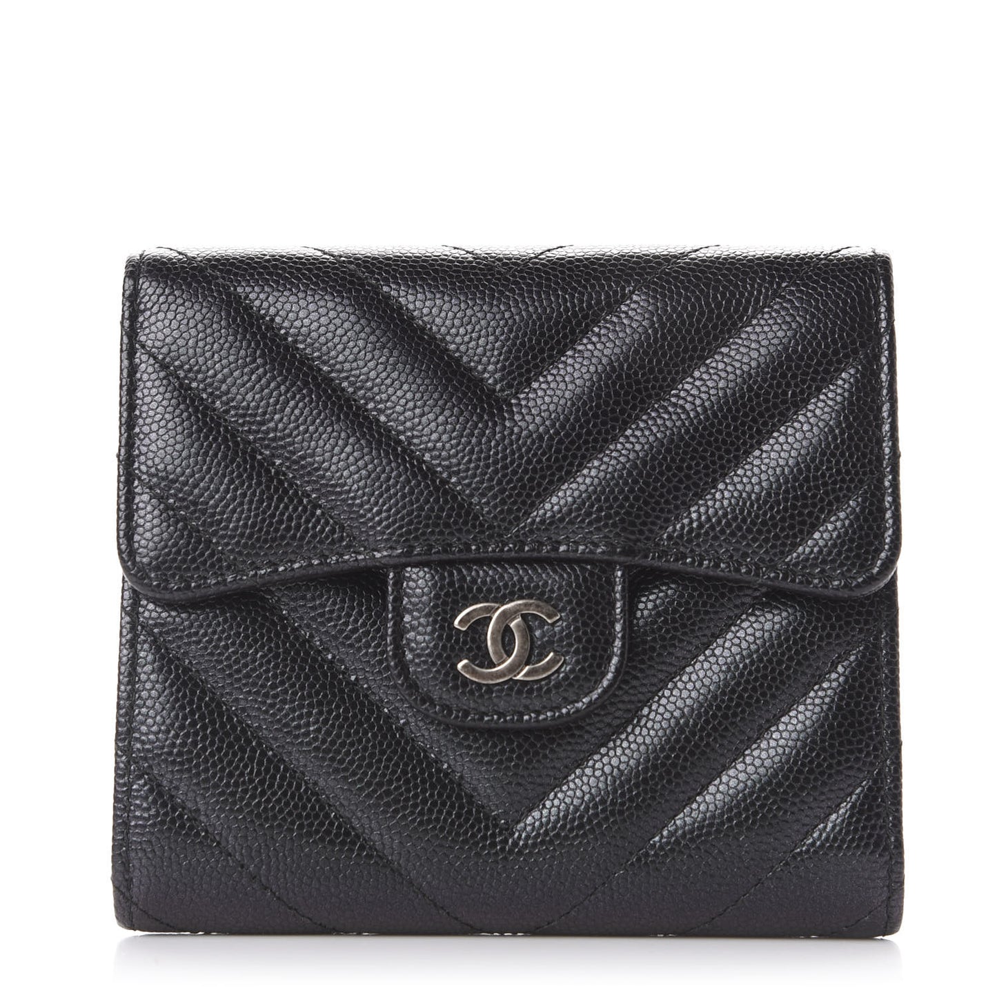 Iridescent Caviar Chevron Quilted Compact Flap Wallet Black