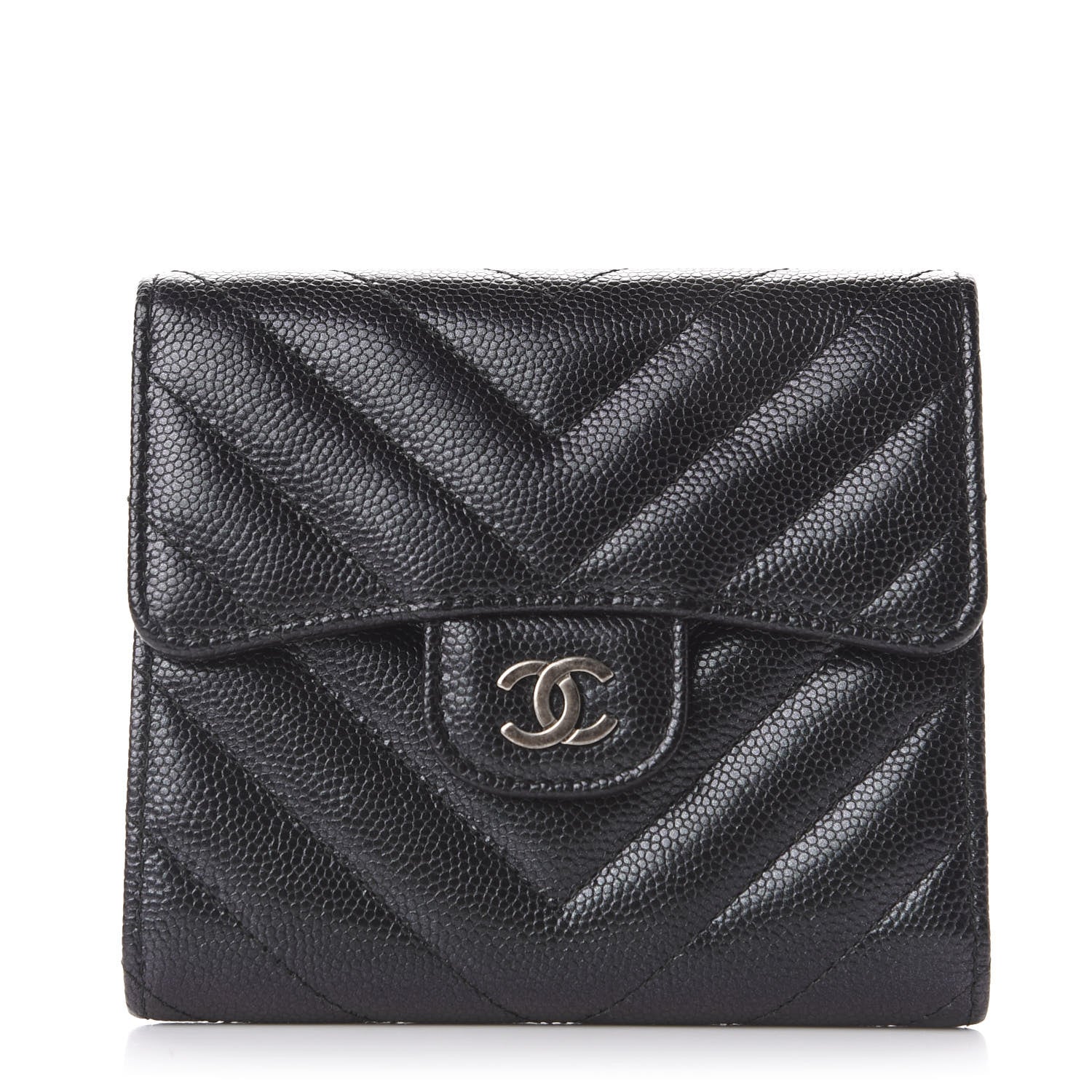 Chanel Iridescent Caviar Chevron Quilted Compact Flap Wallet Black 1 of 10