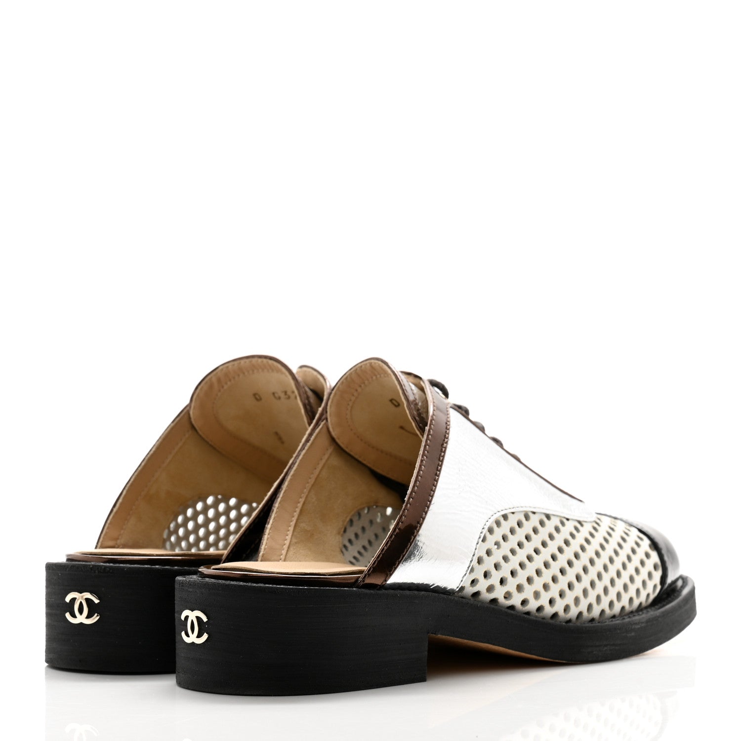 Chanel Lambskin Perforated Cap Toe Lace Up Mules 35.5 Silver Black 4 of 13
