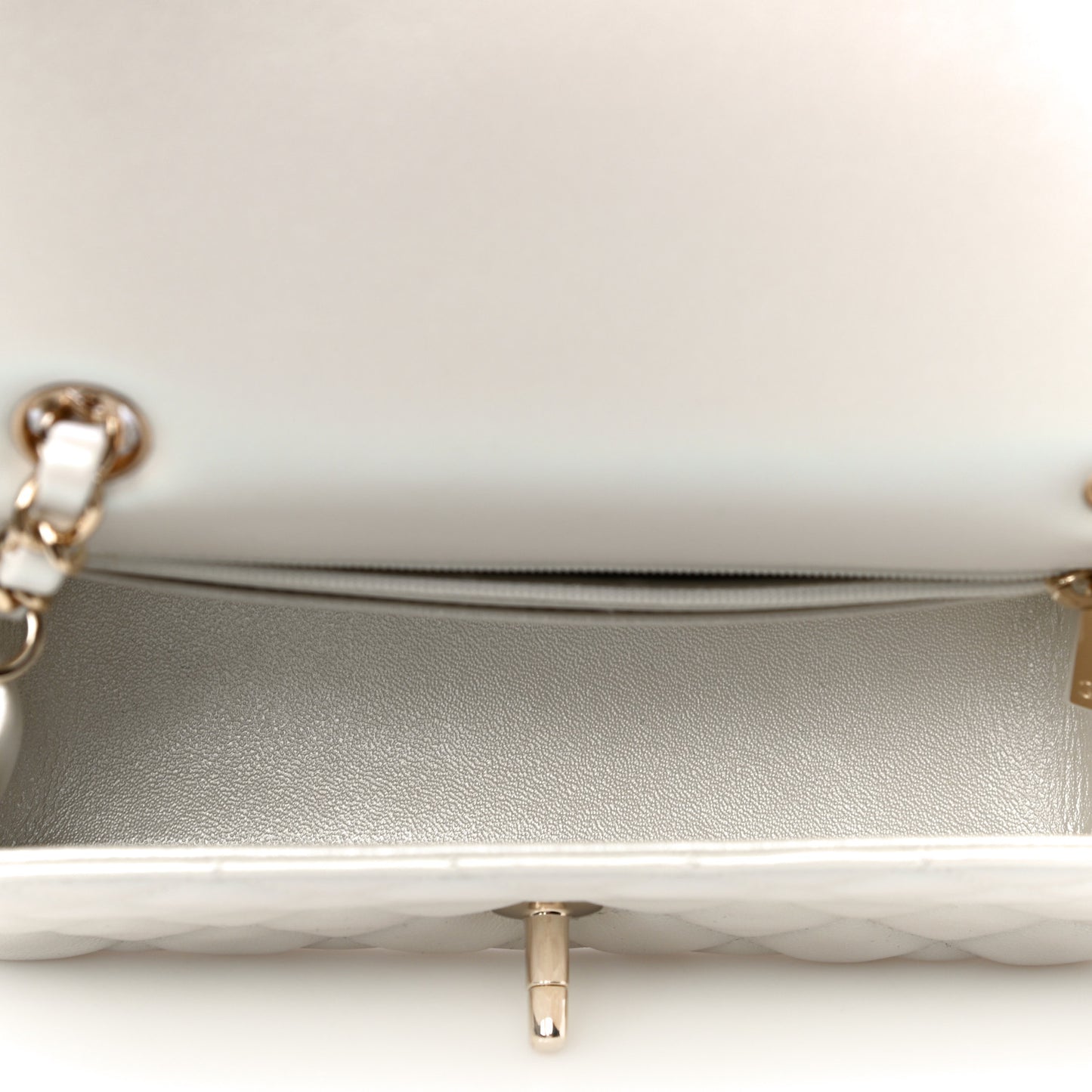 Iridescent Calfskin Quilted Mini Rectangular Flap White
