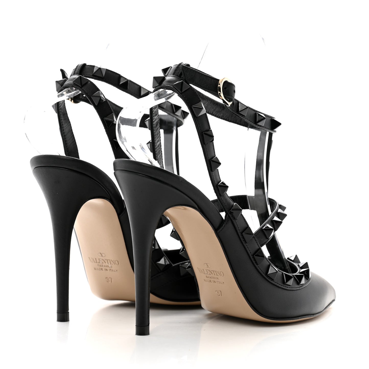 Calfskin Lacquered Monochrome Rockstud Ankle Strap 100mm Pumps 37 Black