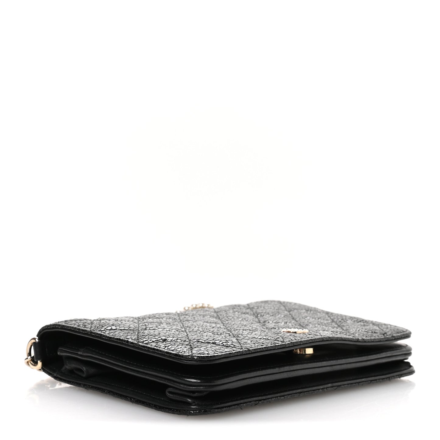 Crackled Patent Calfskin Quilted Pearl Wallet On Chain WOC Black