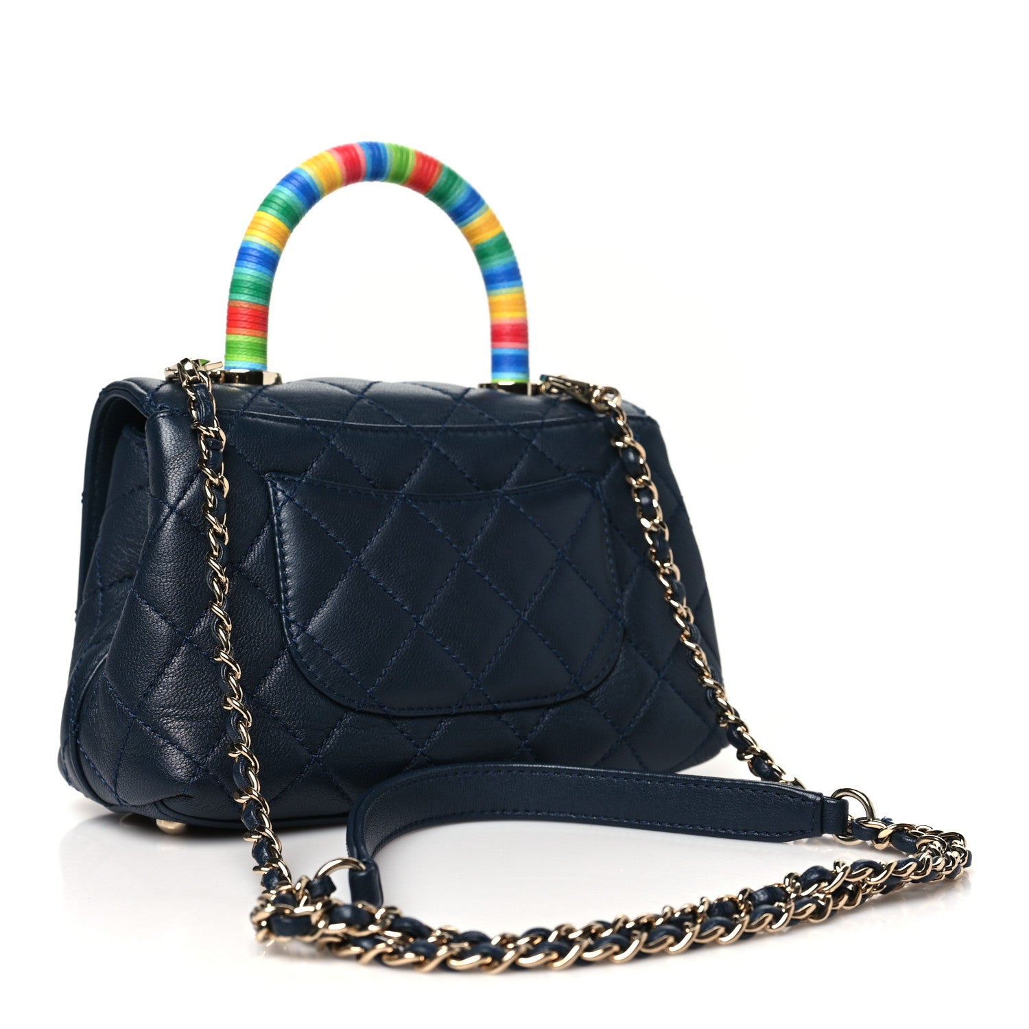 Chanel Goatskin Quilted Extra Mini Rainbow Coco Handle Flap Navy