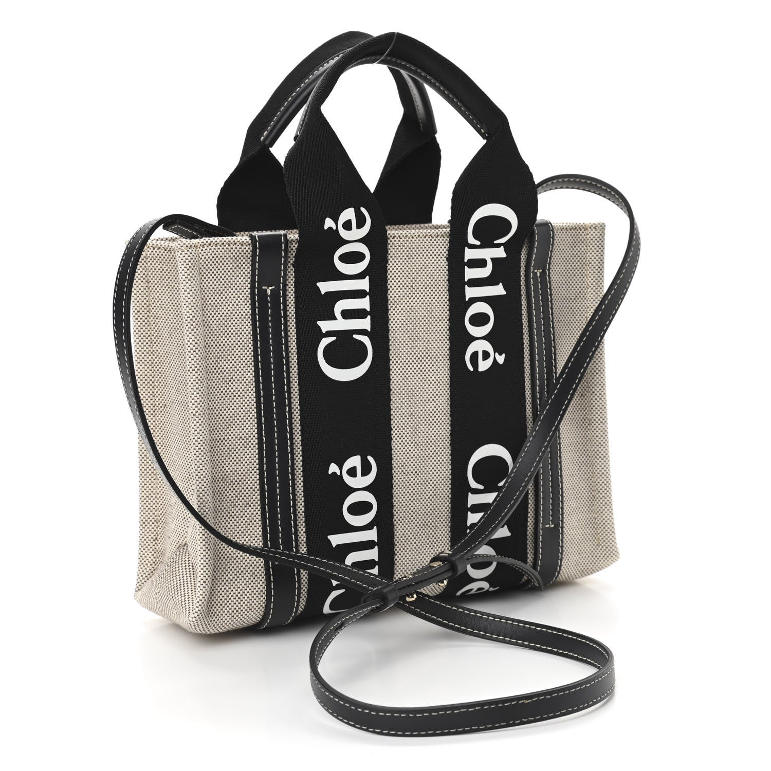 Chloe Cotton Calfskin Small Woody Ribbon Tote With Strap Black Blue 2 of 11