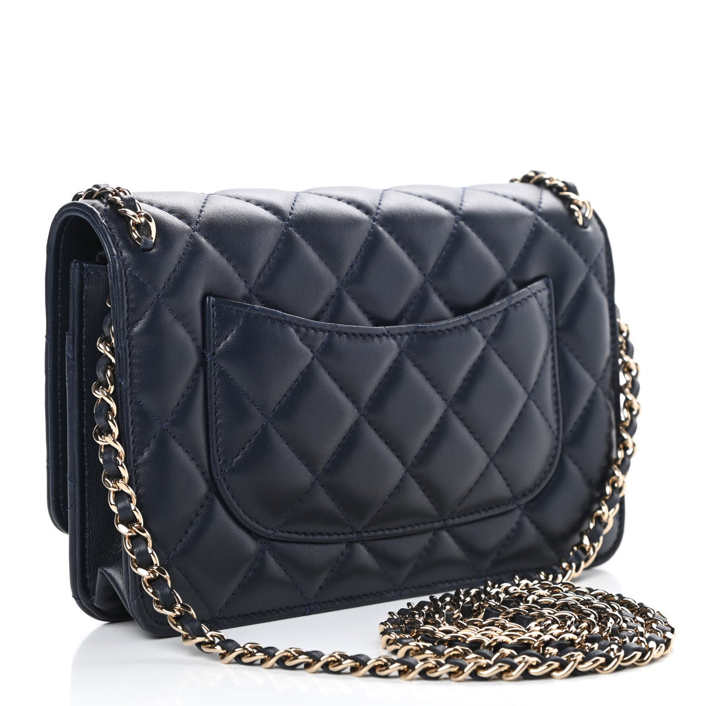 Lambskin Quilted Chain Around Wallet On Chain WOC Navy Blue