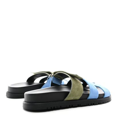 Hermes Suede Goatskin Womens Chypre Sandals 36.5 Bleu Cameo Vert Celadon 4 of 9