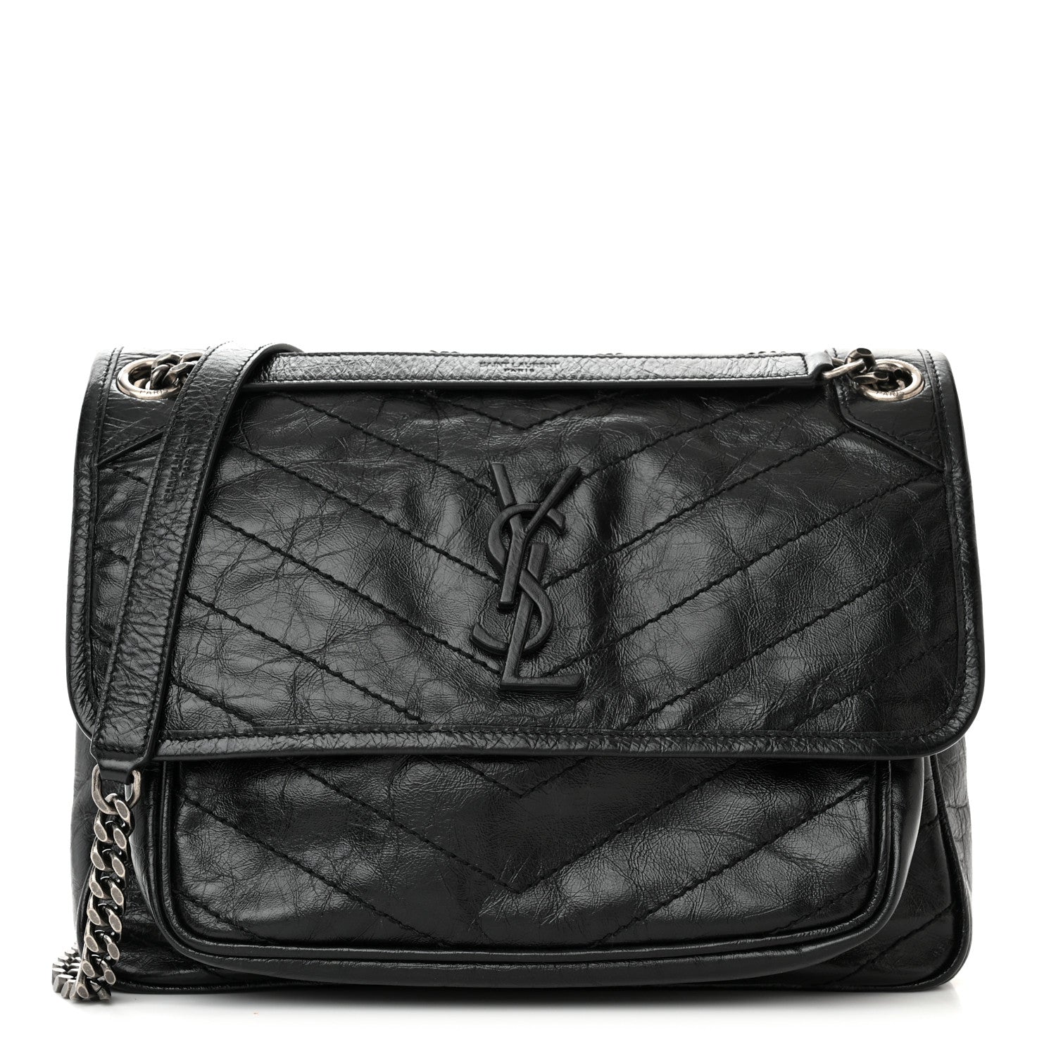 Saint Laurent Crinkled Calfskin Matelasse Monogram Medium Niki Chain Satchel Black 1 of 10