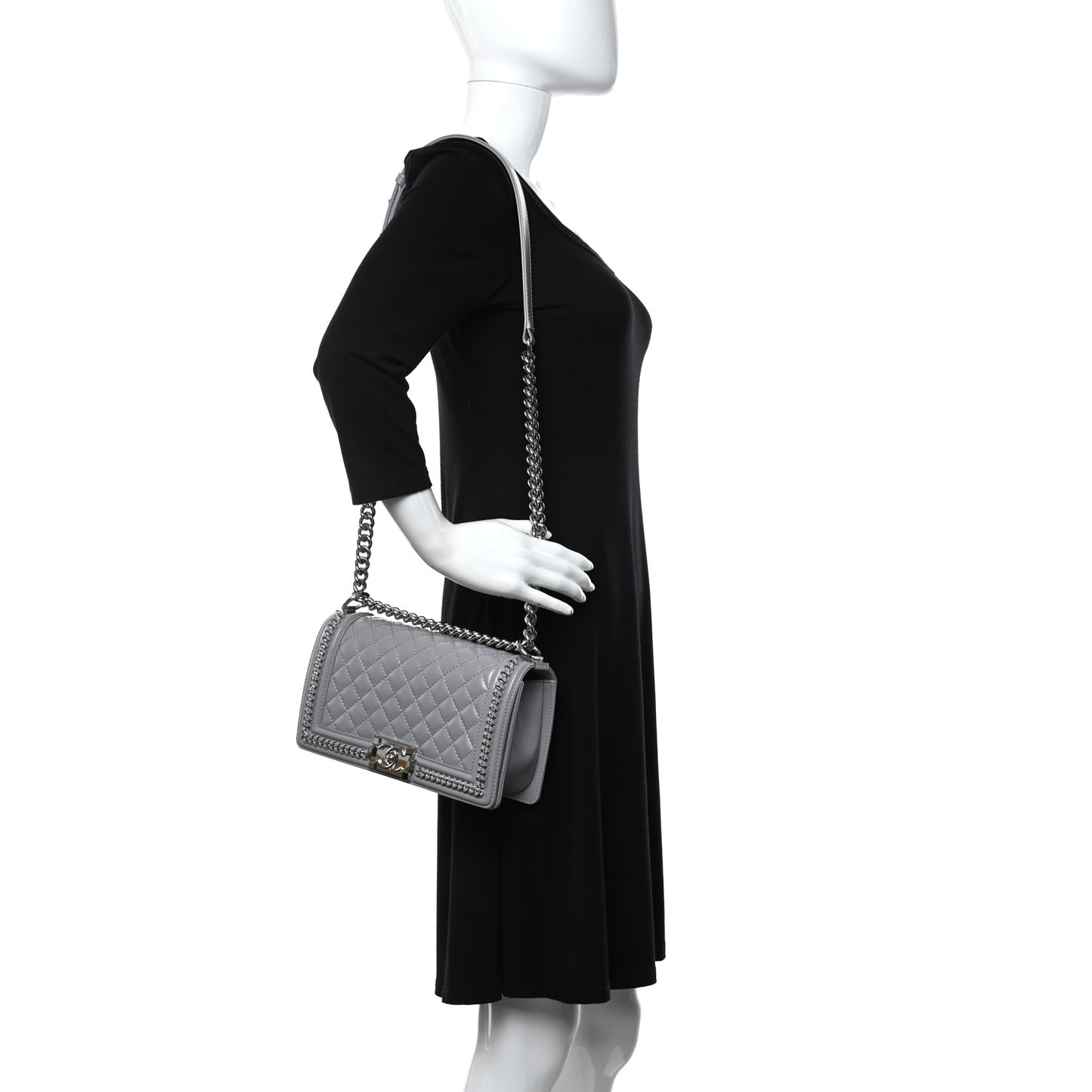 Iridescent Lambskin Quilted Medium Chain Around Boy Flap Grey