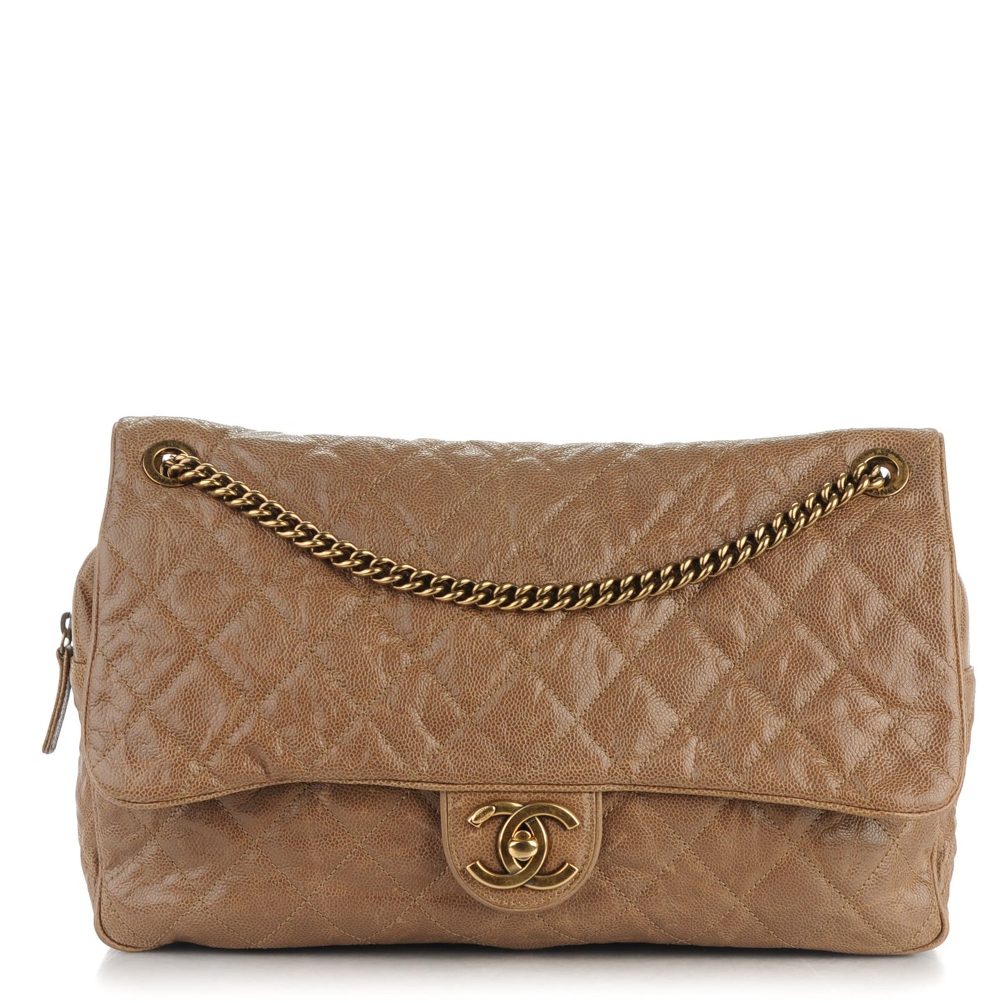 Crumpled Grained Calfskin Quilted Maxi Shiva Flap Beige