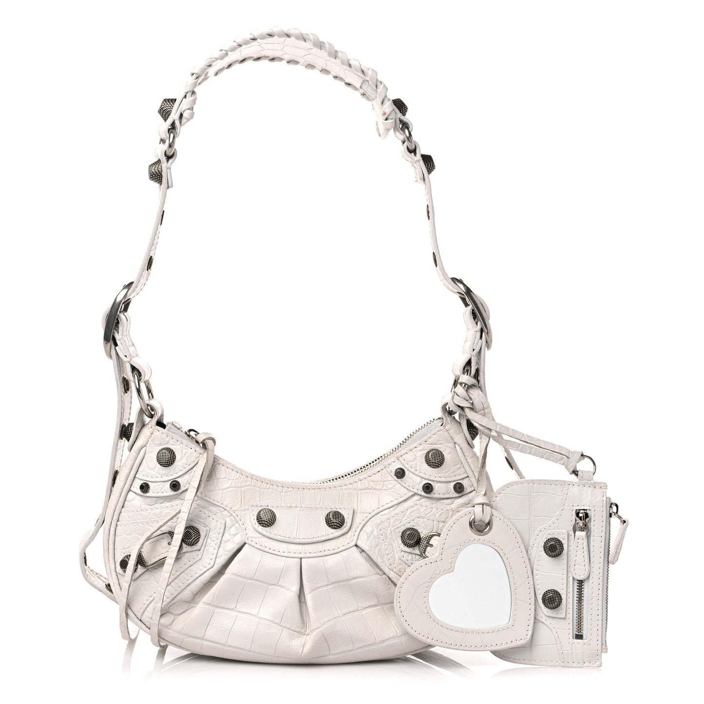 Extra Supple Calfskin Crocodile Embossed Le Cagole Shoulder Bag XS White