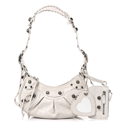 Balenciaga Extra Supple Calfskin Crocodile Embossed Le Cagole Shoulder Bag XS White 1 of 16